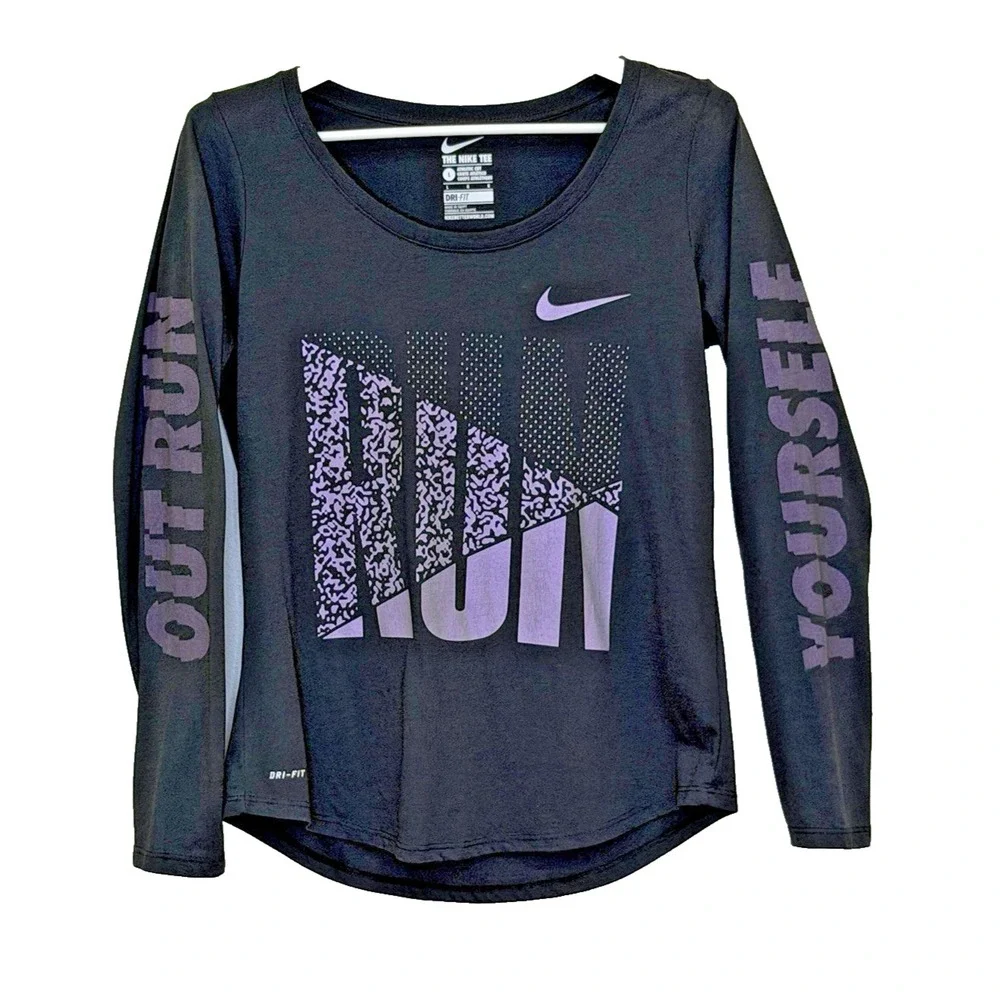 Nike Dri Fit T-Shirt Womens Large Black Out Run Yourself Scoop Neck Long Sleeve